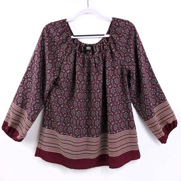 bobeau Tops - Bobeau Burgundy Tan Boat Neck Peasant Top M
